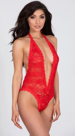 Dreamgirl Stretch Lace Halter Teddy With Heart Cut Out -LEG AVENUE Shop DG 8694 RED 17 PS01092019