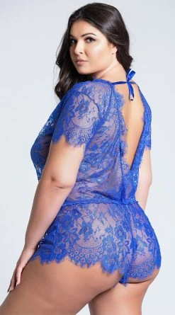 Elegant Moments Plus Size Bold In Blue Eyelash Lace Romper -LEG AVENUE Shop EM 7266X BLUE PS06272019 9