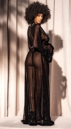 MAPALÉ Long Dotted Mesh And Marabou Robe -LEG AVENUE Shop ES 7483 Black Back 2023APRIL