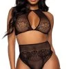LEG AVENUE Dotted Net And Lace High Waisted Lingerie Set