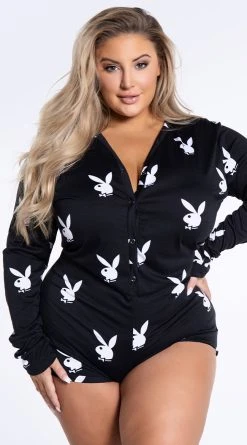 Playboy Plus Size Lounge Club Romper -LEG AVENUE Shop PB PBL2015 BLK 1 YANDY PS09232021