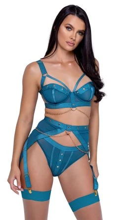 Roma Studs & Kisses Bra And Garter Set -LEG AVENUE Shop RM LI601 Teal 2 APR2023