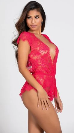 Seven 'til Midnight Plunging Eyelash Lace Romper -LEG AVENUE Shop ST 10718 RED 7 PS01242019