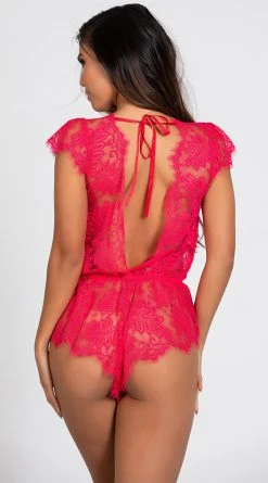 Seven 'til Midnight Plunging Eyelash Lace Romper -LEG AVENUE Shop ST 10718 RED 9 PS01242019