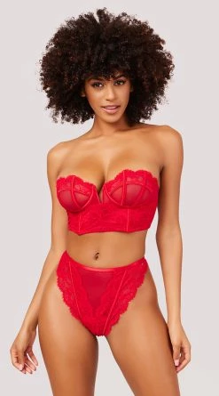Yandy Stunning Longline Bra Set -LEG AVENUE Shop YO 40 11663 LACE MESH STRAPLESS BRA SET RED 2878